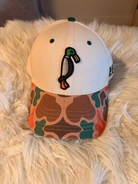 White Hat with Duck Patch and Camo Brim